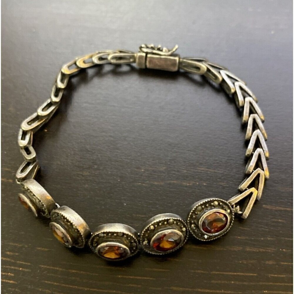Silver .925 Ladies 7.5" Chain Bracelet Faux Faceted Red Stones